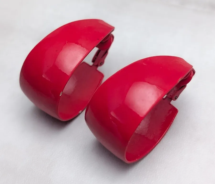 Vintage Clip On Earrings 1 & 1/8" Elongated Red Hoops Retro