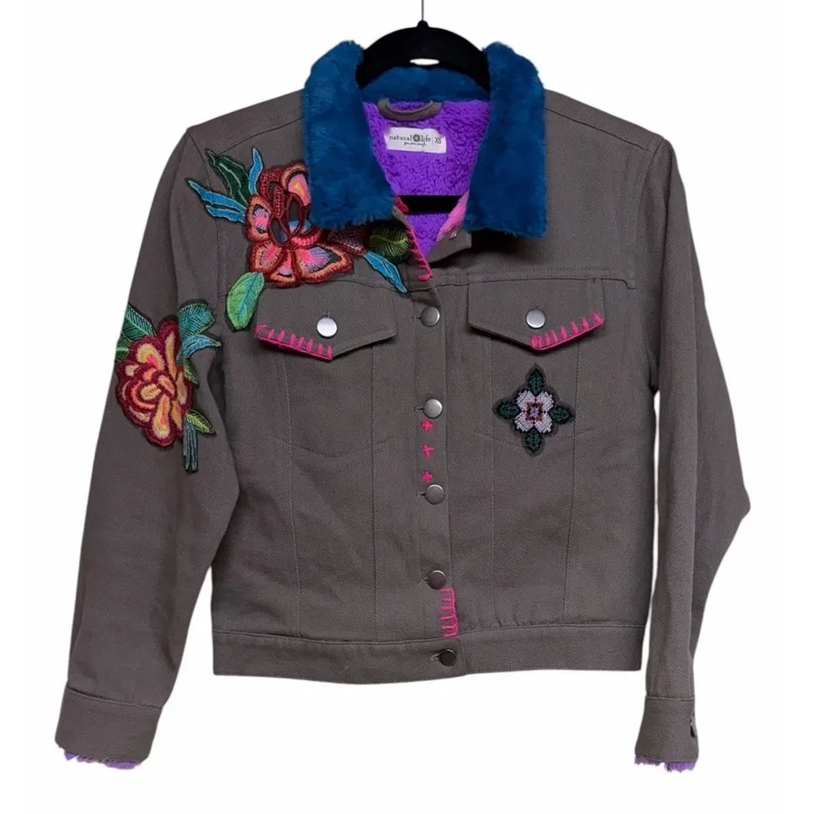 Natural Life Boho Tara Embellished Olive Denim Cropped Floral Jacket Women's XS