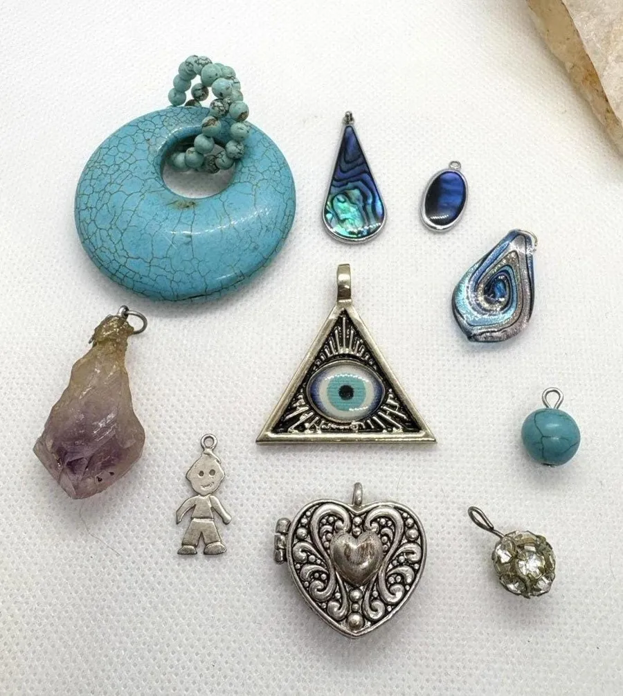 Mixed Pendant Charm Lot Faux Turquoise Crystal Heart Locket Evil Eye Abalone