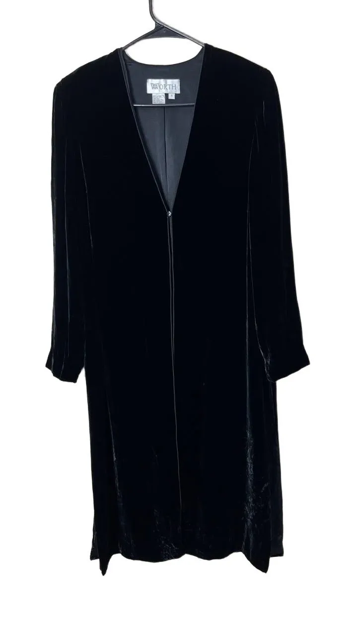 Worth Vintage 90s Black Long Midi Velvet OpenFront Duster Jacket Size 6
