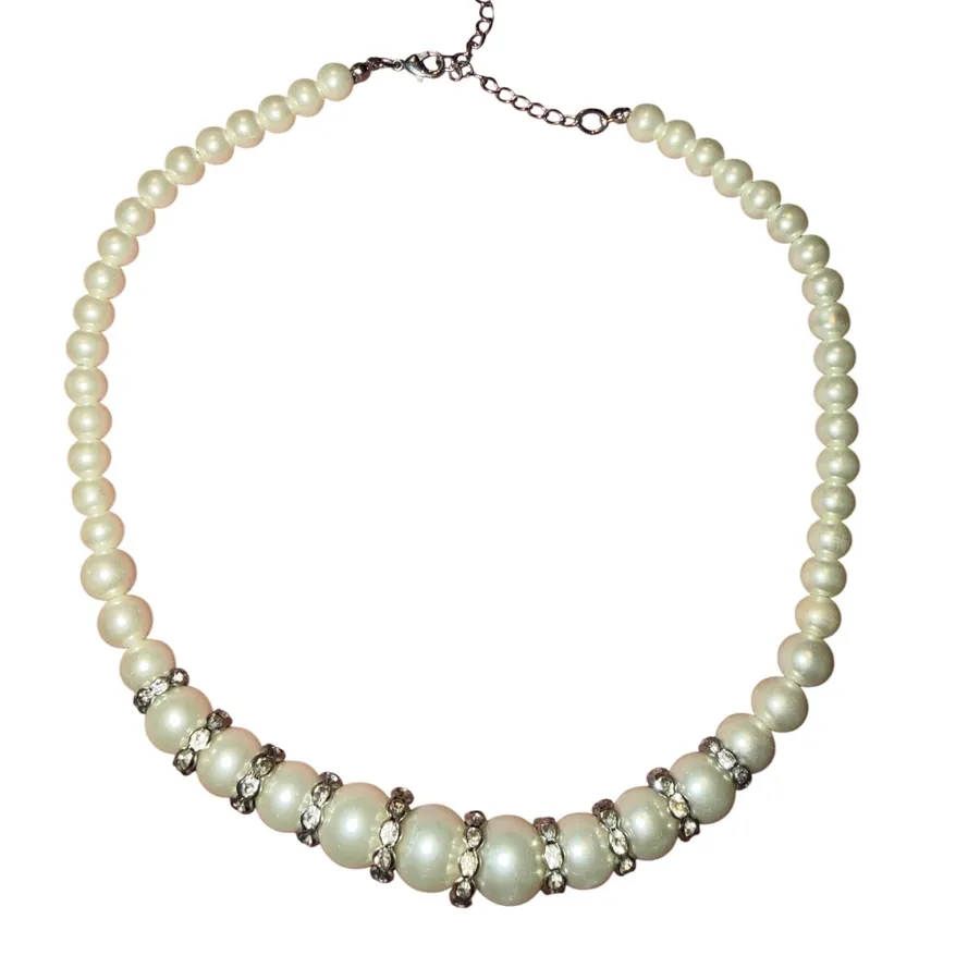 Vintage Faux Pearl Graduated Strand Necklace Rhinestone Rondelle Accents Silver White