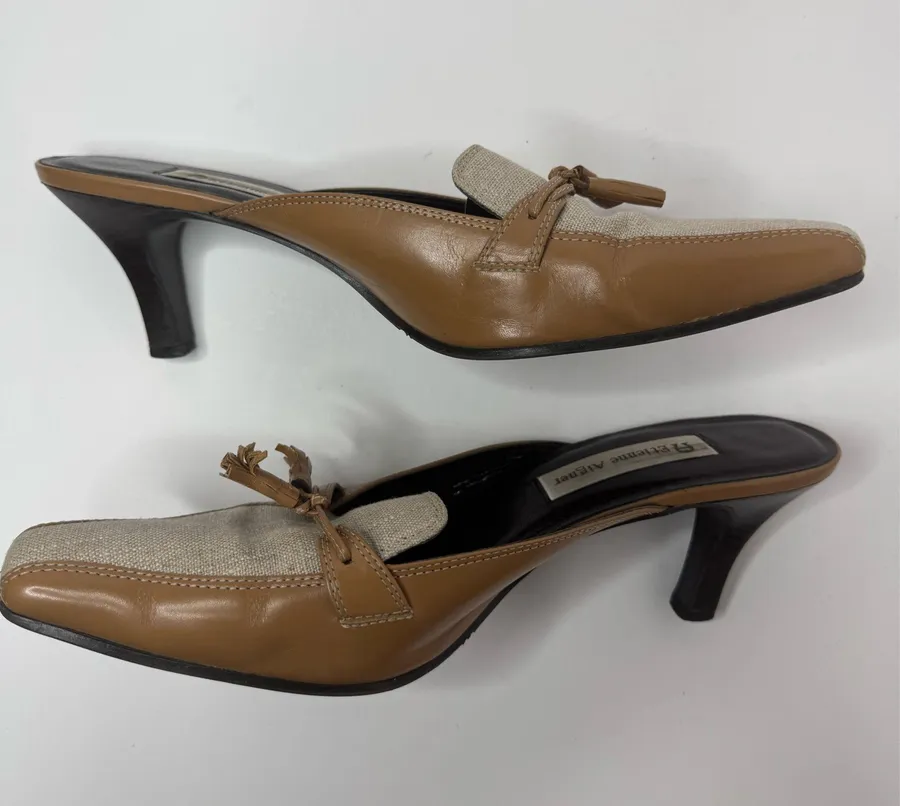 Etienne Aigner 'Patrician' Tan and Ivory Kitten Heel Mules Size 9N