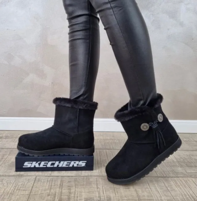 Skechers Black Keepsakes Tribute Faux Fur Lined Concho Tassel Ankle Boots SZ 9