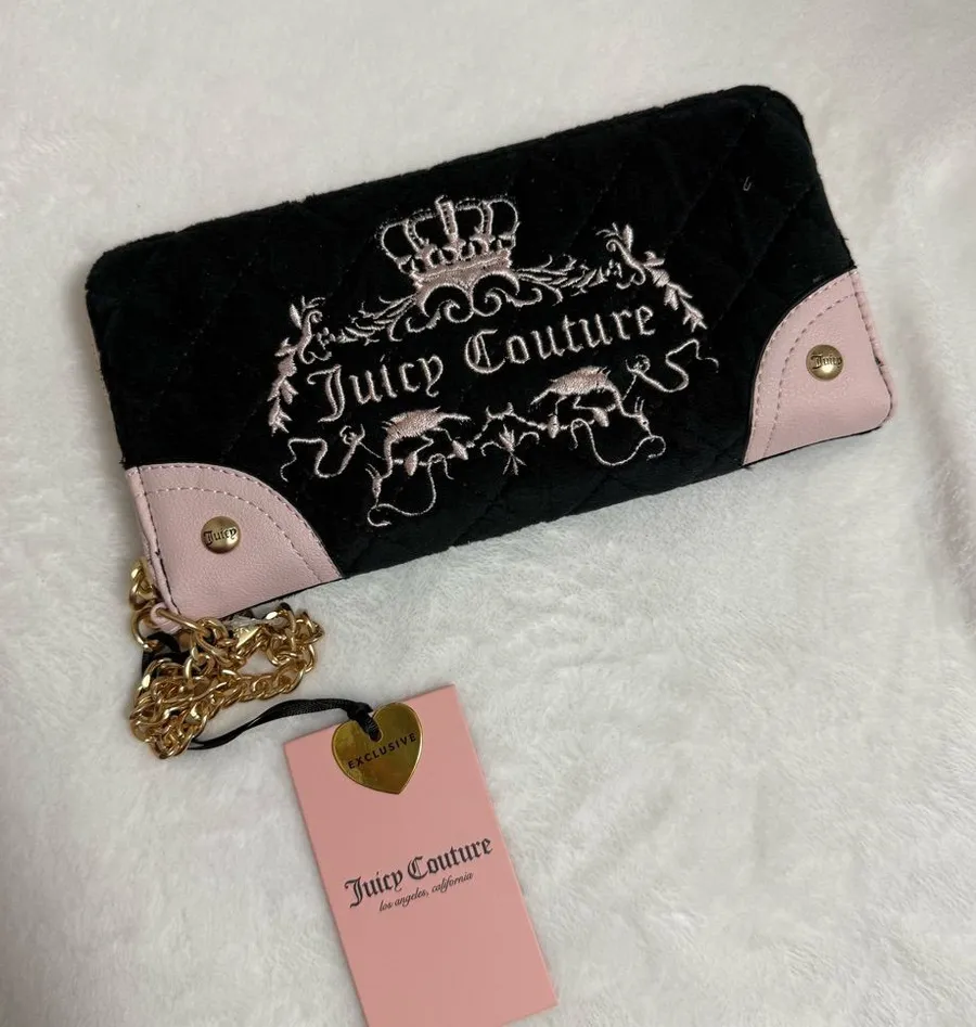 Juicy Couture Black Velour Wallet Pink Trim Crown Crest Y2K McBling
