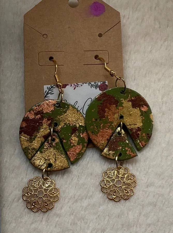 Gold and Green Dangle Earrings
