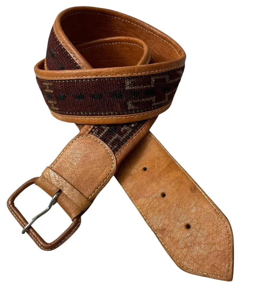 Vtg Western Leather Blanket Woven Belt Mens Large Woven Native Pattern Western Brown