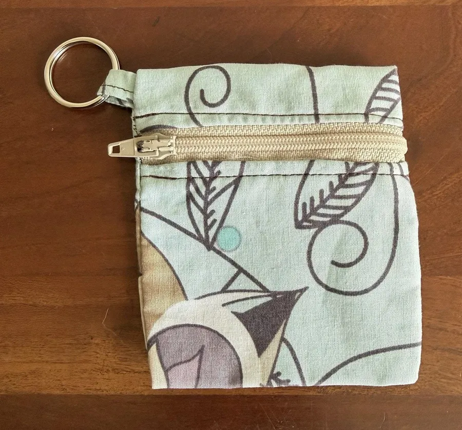 Handmade Light Blue Tan Brown Floral Coin Pouch with Keychain Clip Zip Closure