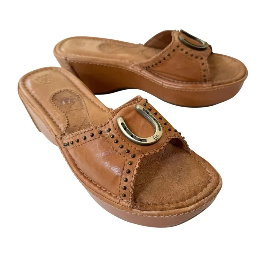 Ariat Leather Horseshoe Studded Wedge Slide Sandals Western Brown Size 8.5