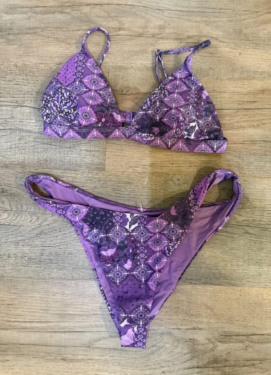 Purple Paisley Patchwork Triangle Bikini Set High Cut Two Piece Swimsuit Womens Size L