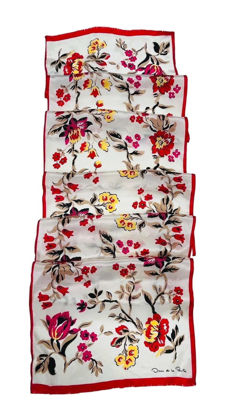 Oscar de la Renta Silk Scarf Floral Red White Luxury Japan Regency Designer 80s