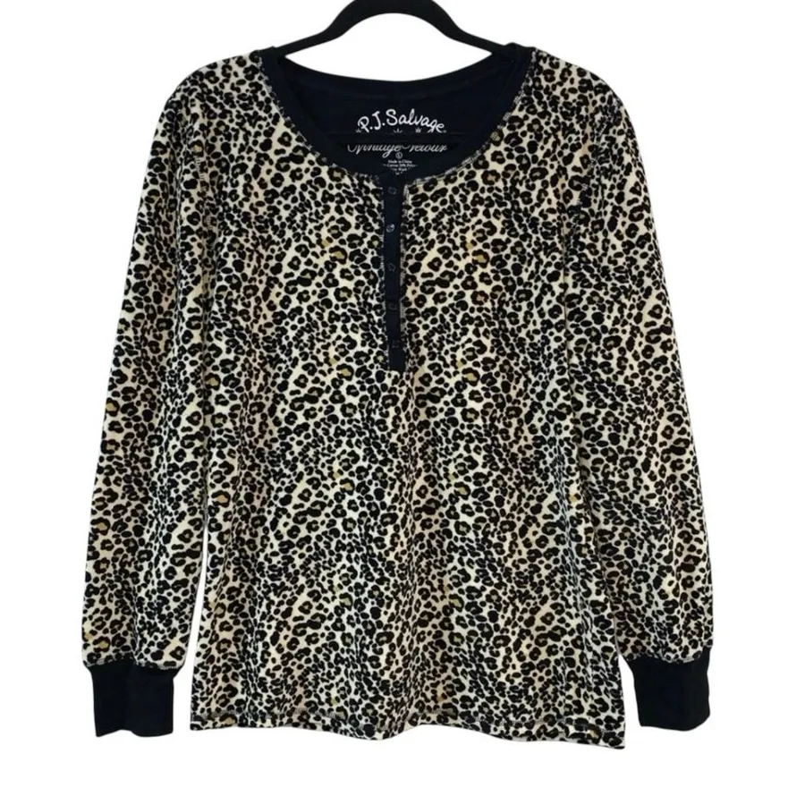 PJ Salvage Vintage Velour Leopard Print Henley Top Pajama Lounge Shirt Large Black
