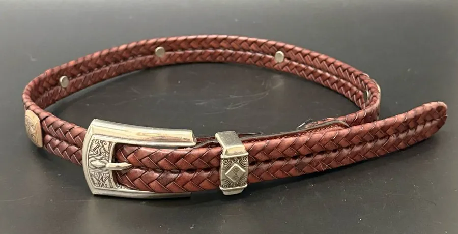 Vintage BRIGHTON Double Braided Brown Leather Concho Belt Size S Waist 28