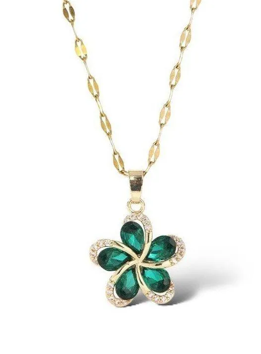 Green Flower Pendant Necklace for Women Gold
