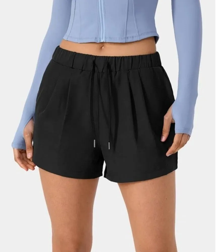 Halara High Waisted Elastic Waistband Drawstring Ruched Pocket Shorts 3" Black S