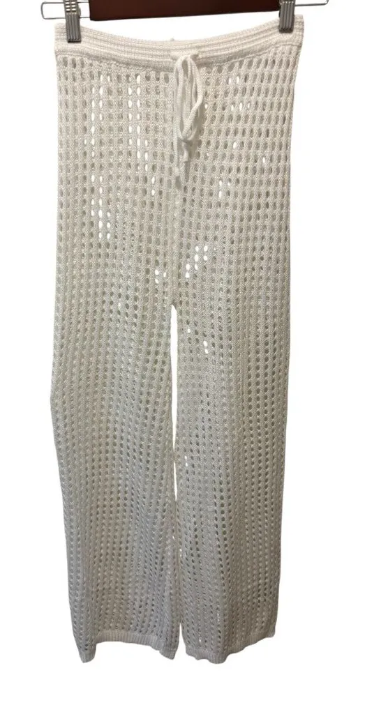 Boutique Full Length Crochet White Beach Swim Cover Pant Sz S Drawstring Knit