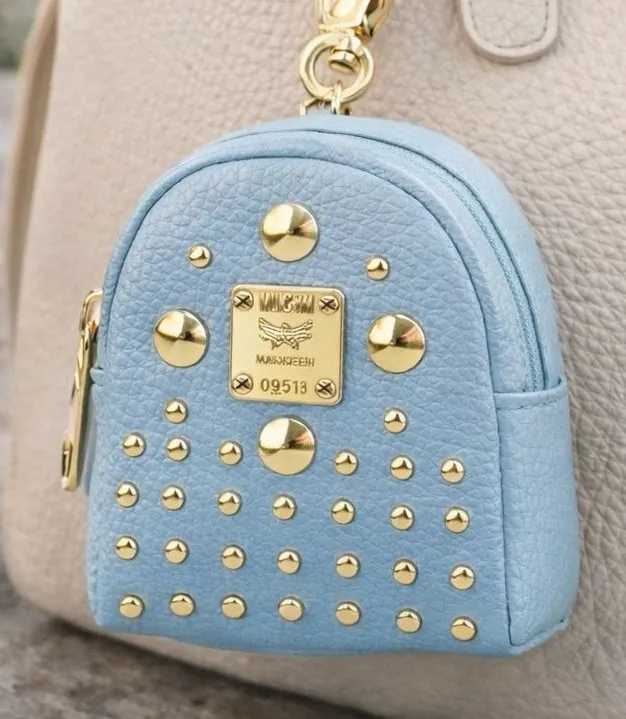 NEW Light Blue/Gold Studded Mini Backpack Bag Charm Keychain – Earbud Case Blue
