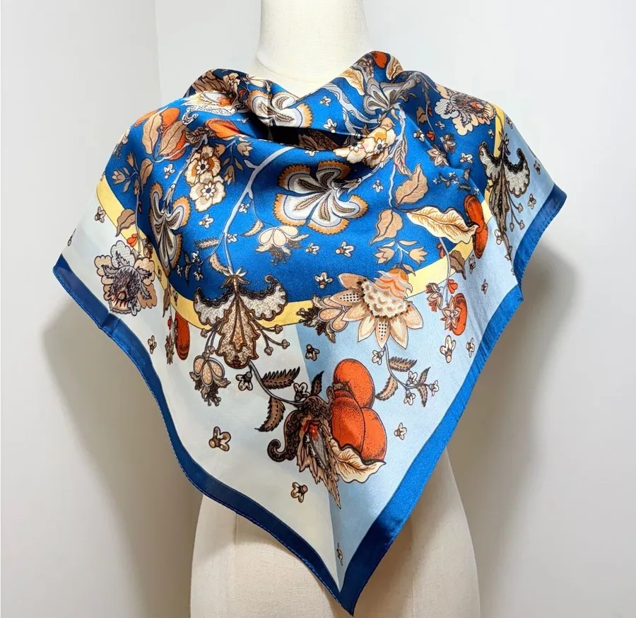 Elegant Blue Scarf with Orange and Beige Floral Pattern, Versatile Square