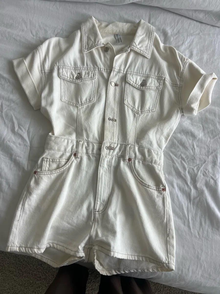 White Denim Short Sleeve Romper