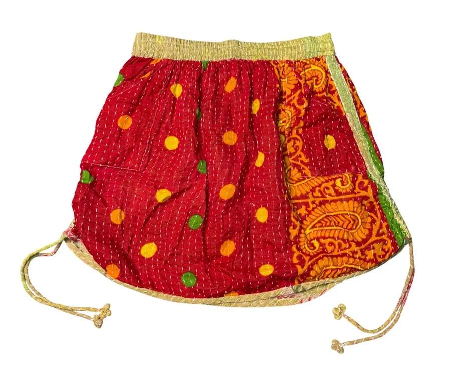 Renew Vintage Kantha Mini Skirt Women Medium Red Orange Patchwork Excellent Boho
