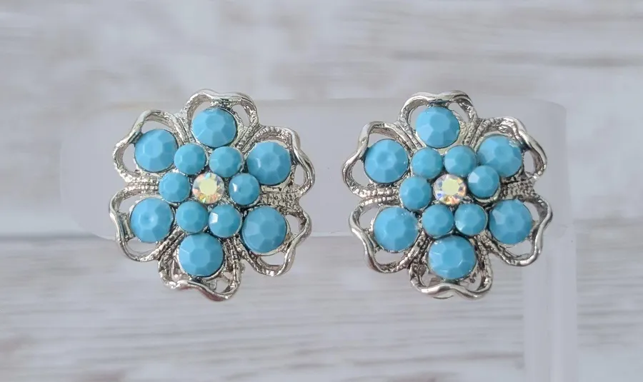 Vintage Clip On Earrings Large Turquoise Tone & Silver Tone Flower Whimsical Blue