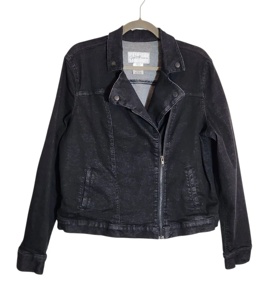 Jaclyn Smith Black Moto Jean Jacket Size XXL