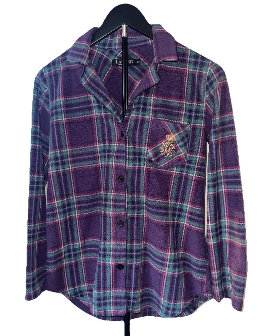 Lauren Ralph Lauren XS Plaid Fleece Sleep Shirt Pajama Top LRL Purple