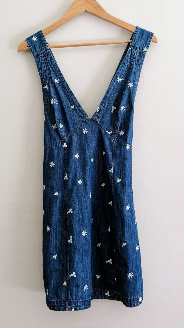 Free People Corrine Floral Embroidered Mini Denim Dress Criss Cross Back