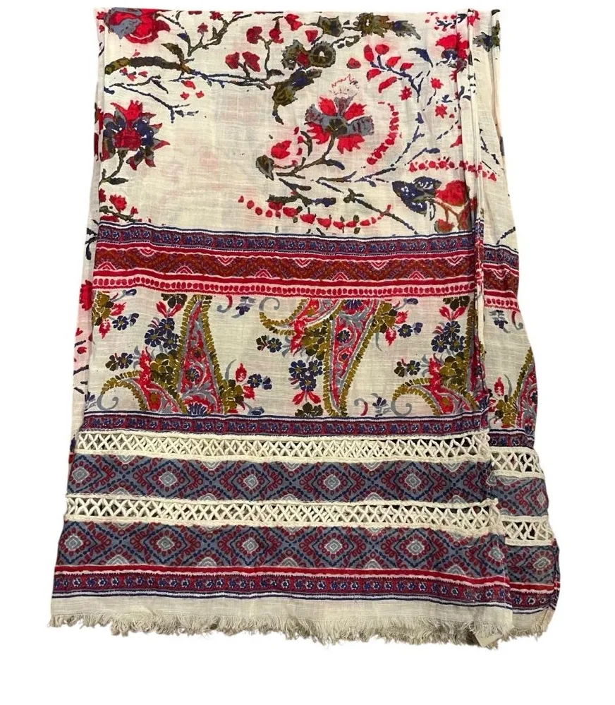 Lucky Brand Floral Print Lace Trim Scarf Cream Red Blue Womens Size One Size