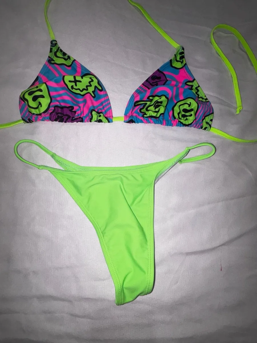 Neon Green and Psychedelic Smiley Print Thong Bikini Set Size L