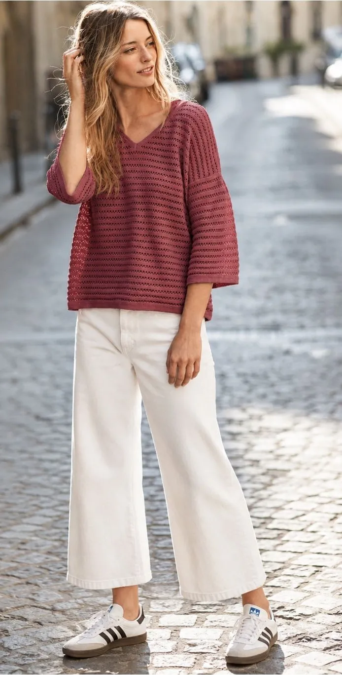Garnet Hill Organic Cotton-Linen Blend Bell-Sleeve Pointelle Sweater Size Small