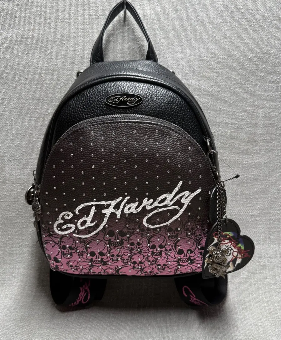 Ed Hardy Mini Backpack Pink Black Skull Rhinestone Y2K NWT Vegan Leather