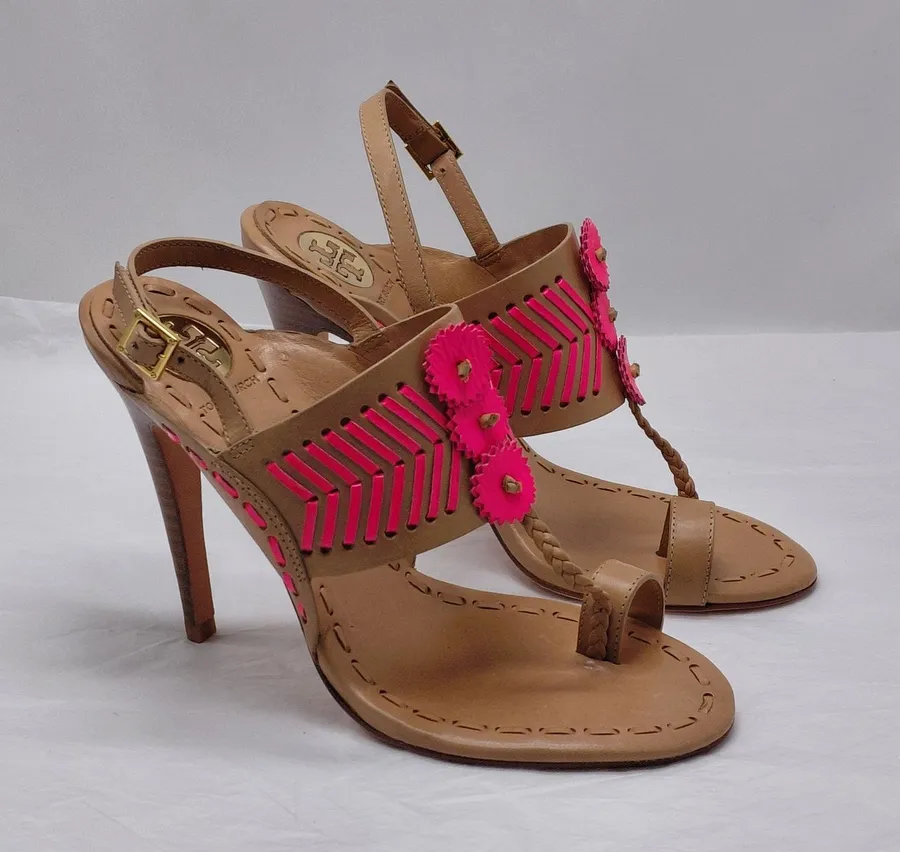 Tory Burch Womens High Heel Sandals Size 7.5 Tan Pink Leather Party Night Out