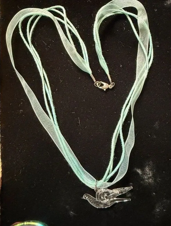 Glass Bird Pendant Aqua 4 Strand Cord Ribbon Necklace Blue