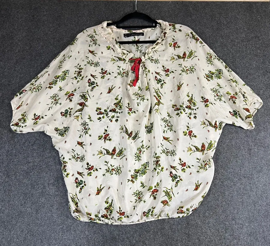 Patterson J Kincaid Silk Bird Print Blouse Cream Red Tie Dolman Sleeve Medium