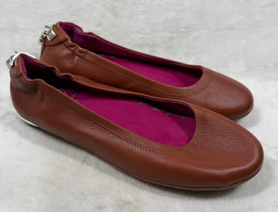 Soto Massini Milano Cognac Brown Leather Ballet Flats Silver Padlock Heel Sz9
