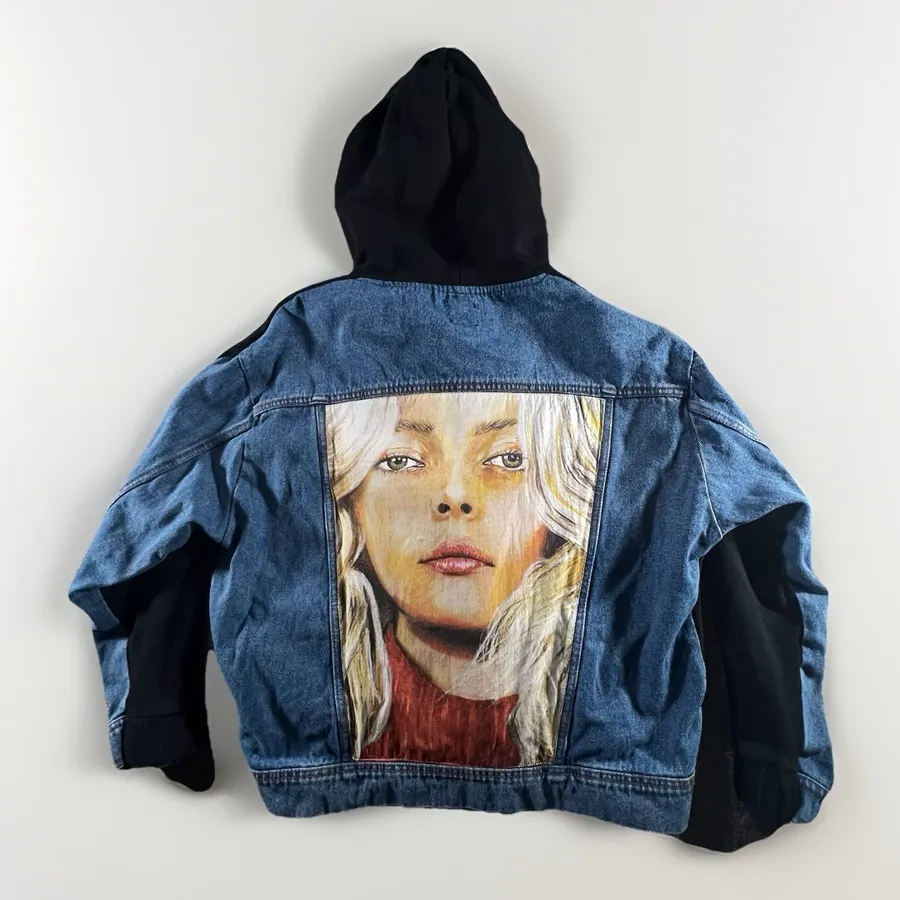ZARA Denim Hoodie Women S Blue Black Women in Art Graphic Hybrid Jacket SS19