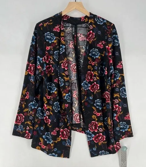 Massini Dark Floral Print Stretch Crepe Knit Draped Open Front Blazer Jacket