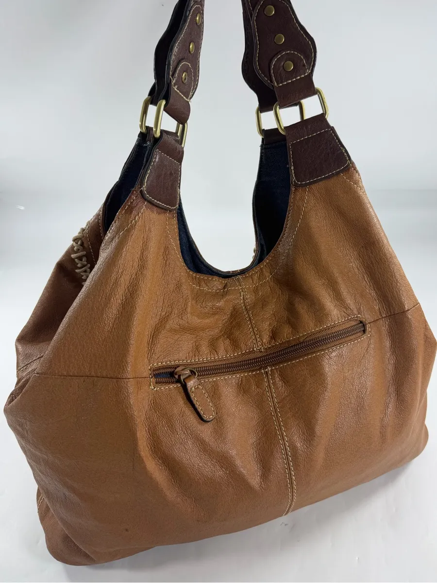 Y2K Genuine Leather Hobo Bag Brown Boho Whipstitch Oversized Shoulder Purse