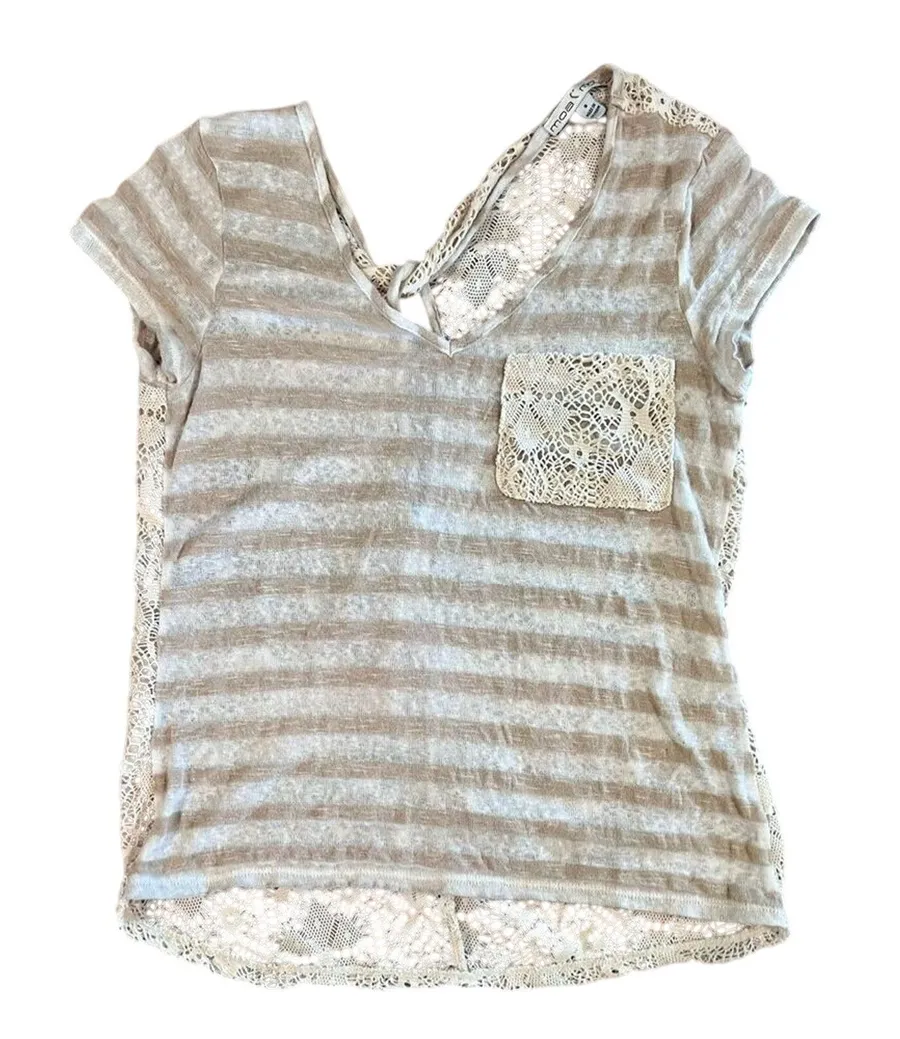 Moa Moa Cream Tan Stripe Feminine Lacy Twist Cap Sleeve Top sz Small