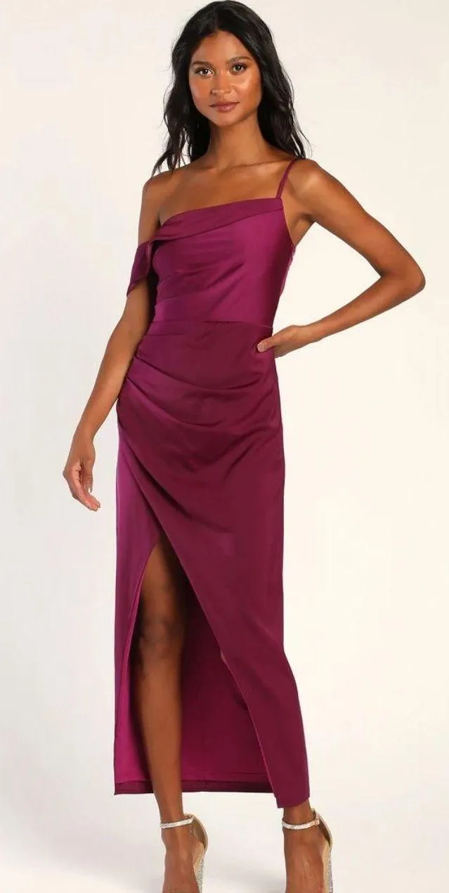 Lulu’s Showing Off a Little Magenta Asymmetrical Tulip Midi Dress