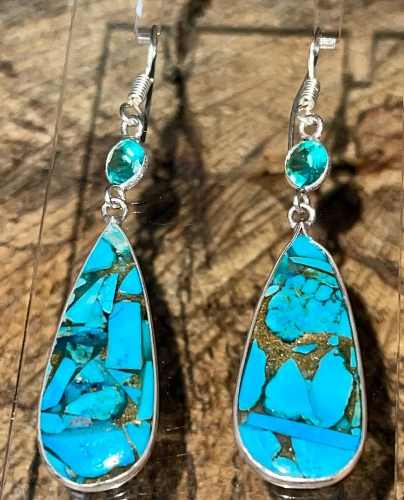 Faceted Turquoise in Copper Earrings 2 1/4” Gold