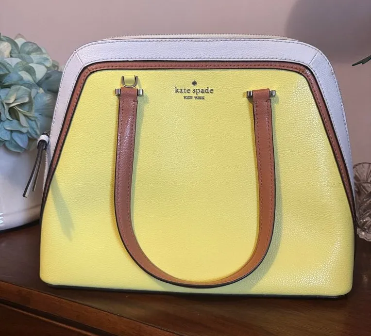 kate spade Yellow Leather Satchel with White Trim and Tan Handles