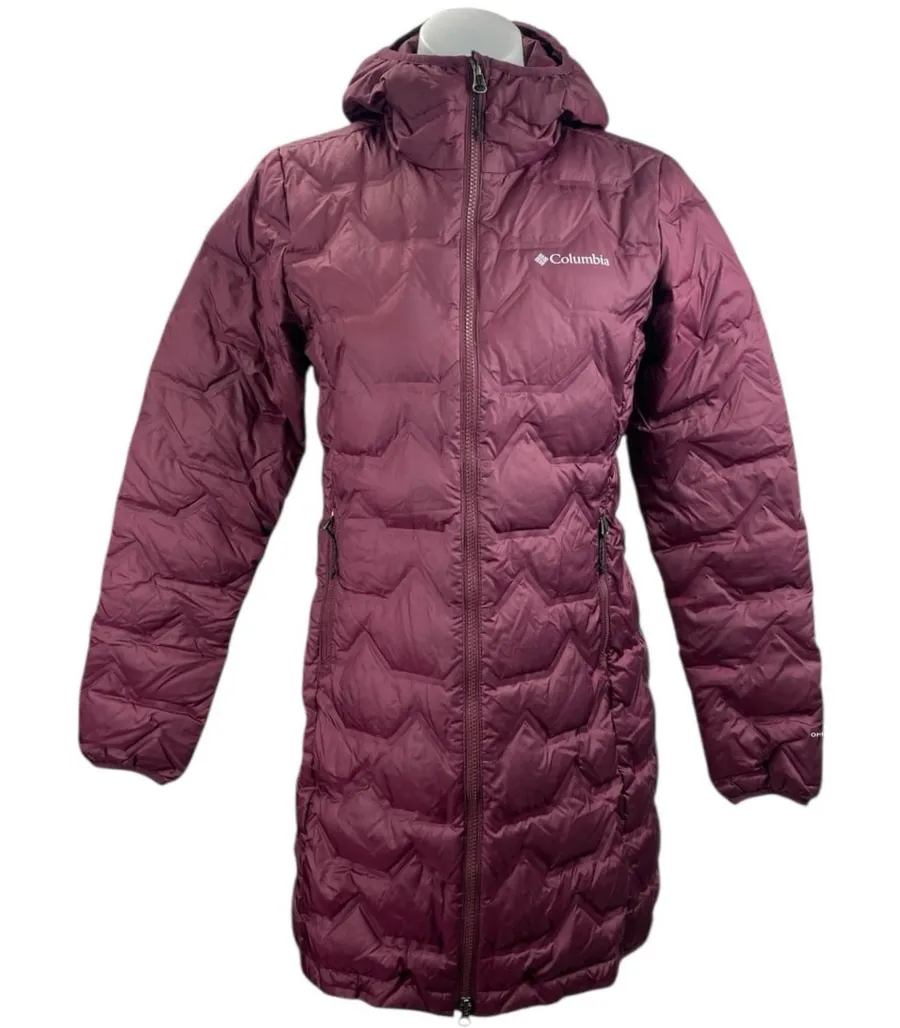 Columbia Delta Ridge Long Down Red Hooded Puffer Quilted Full Zip Jacket Size XS