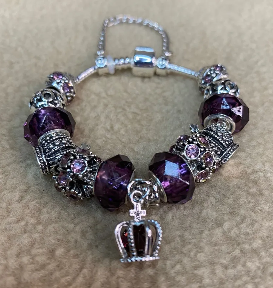 Purple Crown Charm Bracelet Women Silver Tone Royal European Style 6.5 in New