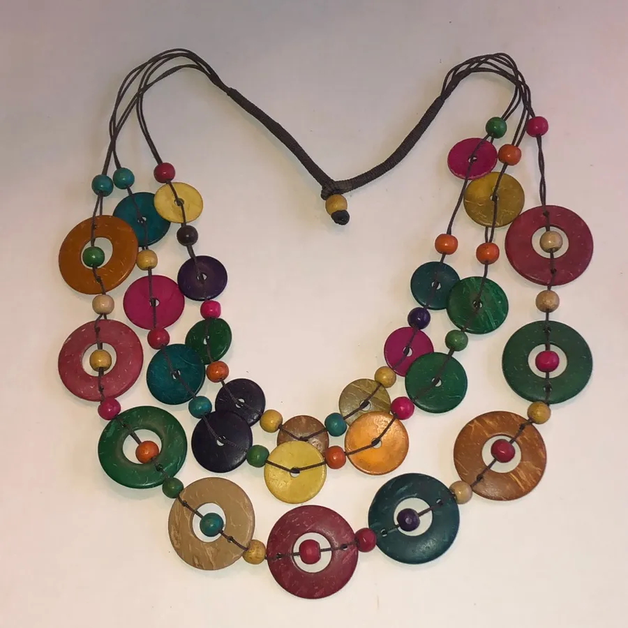 Multicolor Wooden Disc Layered Beaded Boho Necklace Green