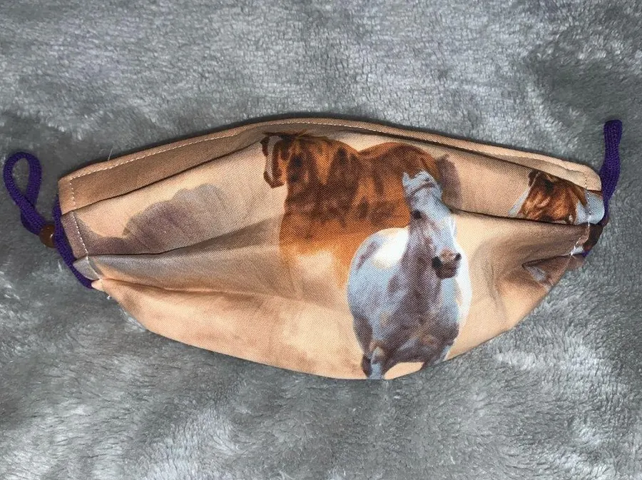 Handmade Fabric Face Mask Reversible Wild Horses Mustangs Brown Navy