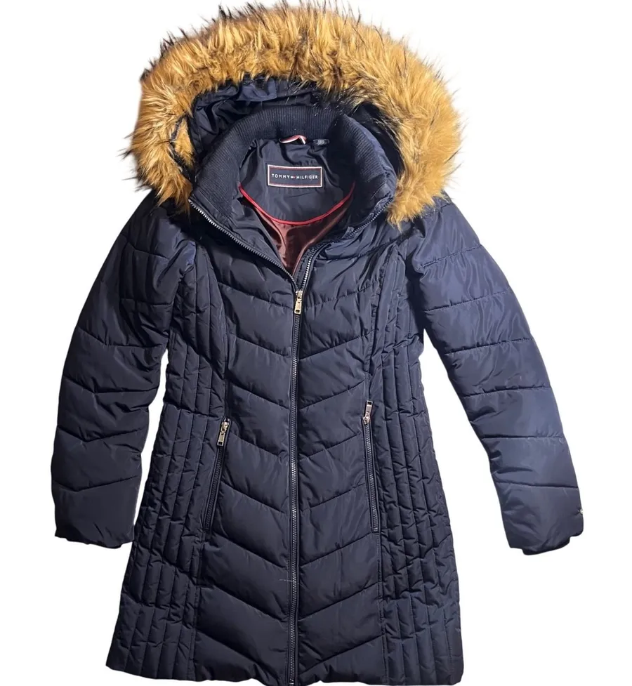 Tommy Hilfiger Women Puffer Coat Navy Blue Faux Fur Hood Winter Warm XS