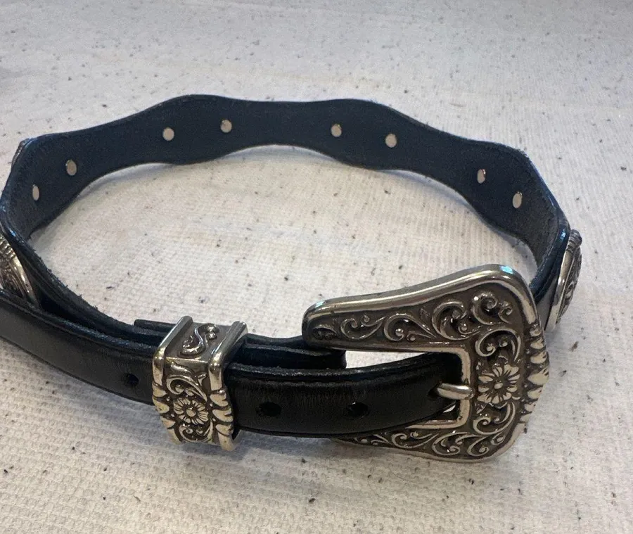 Justin Black Leather Western Concho Belt cowhide Brown Woven Inlay Size 26
