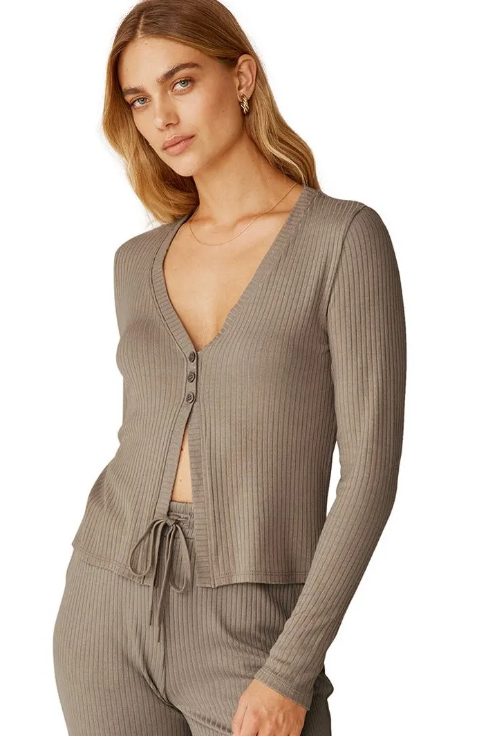 Beyond Yoga Well Traveled Ribbed Lounge Cardigan Taupe Tan Small