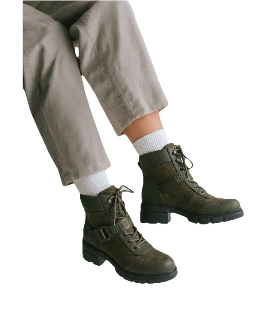 REDTOP Combat Boots Chunky Lug Sole Ankle Boots Lace Up Buckle Womens Sz 7.5 Green